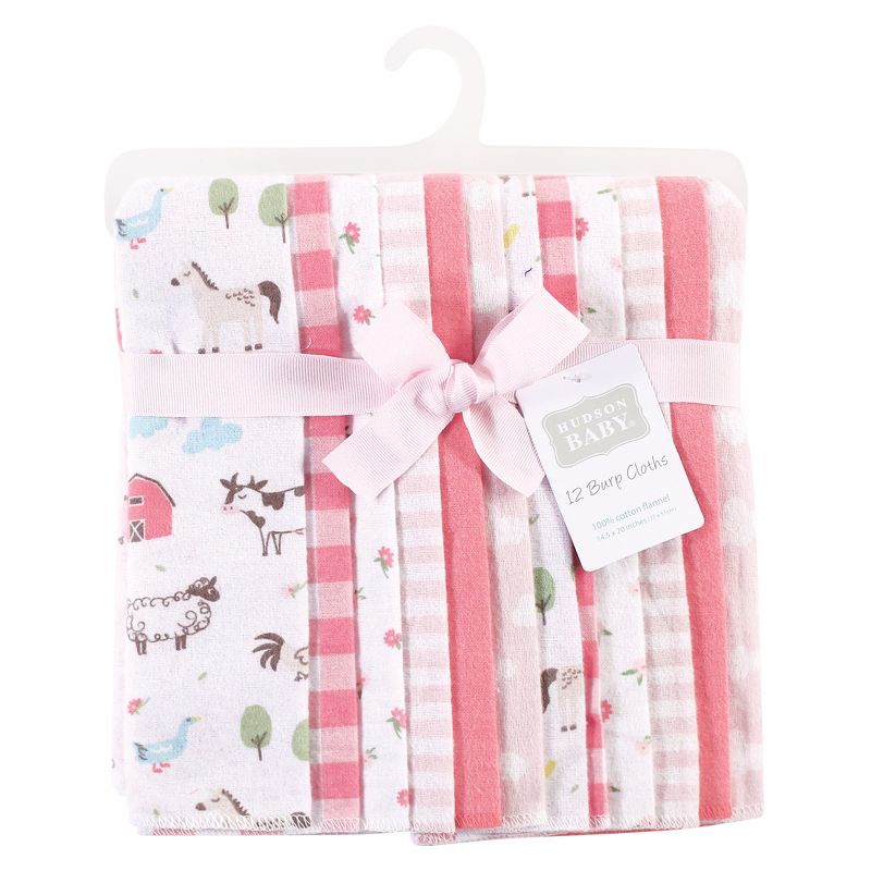 Hudson Baby Infant Girl Cotton Flannel Burp Cloths Bundle, Girl Farm Animals, One Size
