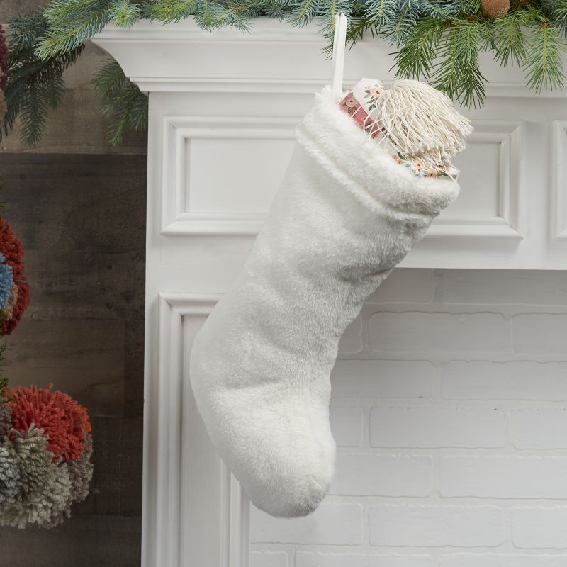 Mina Victory Home For The Holiday White Rabbit Fur Stocking 17" x 10"