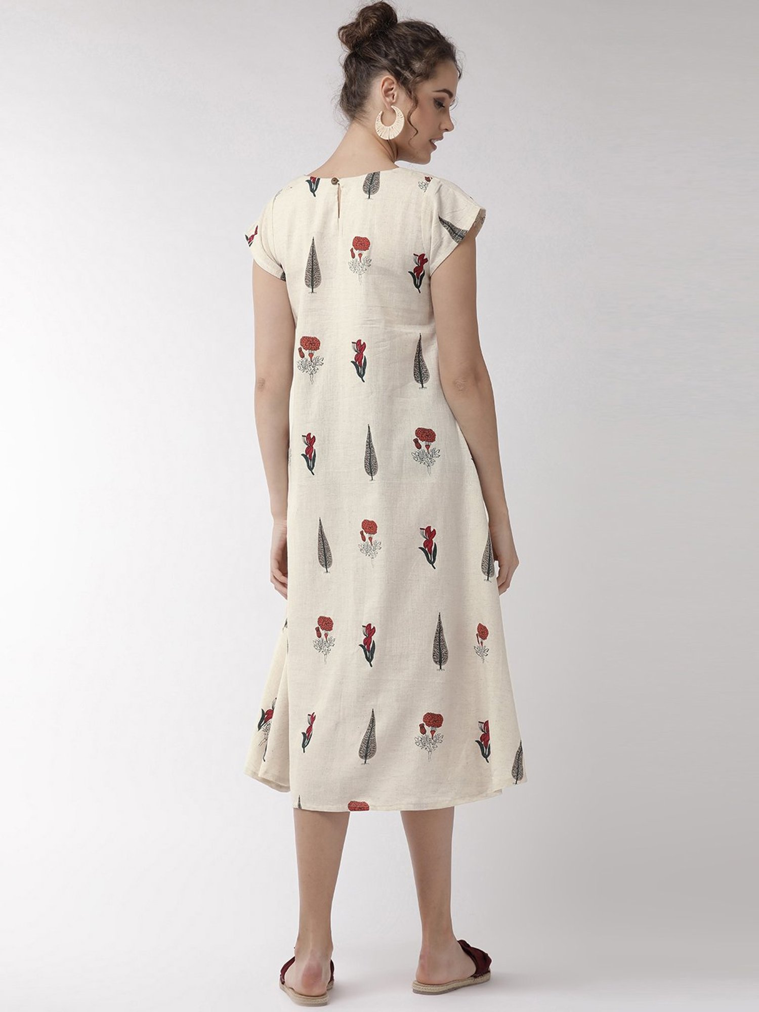 Inweave Off-White Cotton Printed A Line Dress
