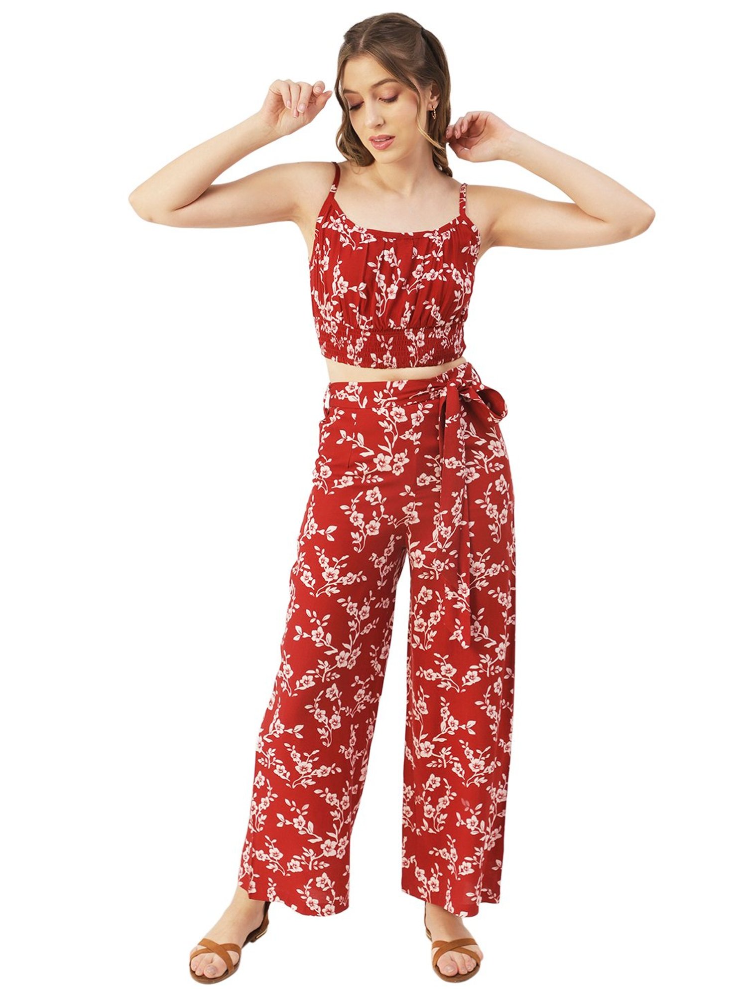 Moomaya Red Floral Print Crop Top With Palazzos