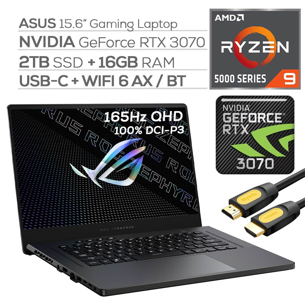 ASUS ROG Zephyrus Gaming Laptop,165Hz 3ms WQHD 15.6" Display,AMD Ryzen 9, GeForce RTX 3070 8GB GDDR6, 16GB RAM, 2TB SSD, USB-C, Backlit KB, WiFi 6, RJ-45 Ethernet, Mytrix HDMI Cable, Win 10