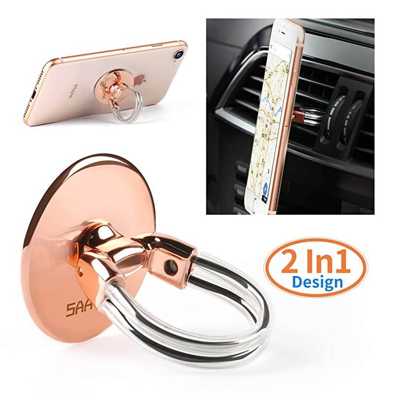 Ring Holder Stand 2 in 1 Universal Air Vent Car Mount and Finger Grip Ring with Strong Sticky Gel Pad Compatible with iX876sPlus Galaxy S9S8S7 Rose Gold