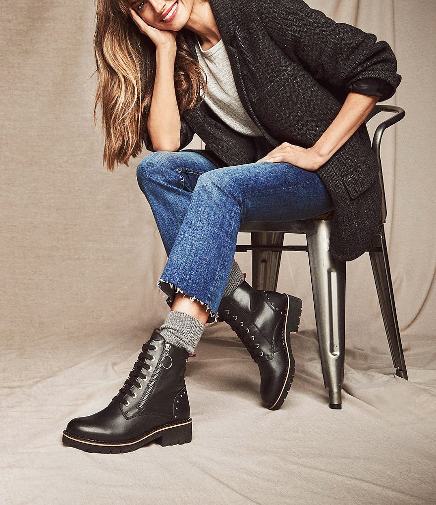 Pikolinos Vicar Wov Studded Block Heel Lug Sole Combat Boots