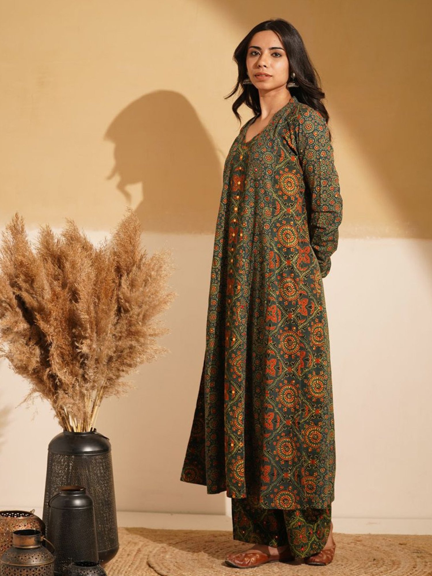 Love Chic Green Ajrakh Cotton Kalidaar Flare Kurta