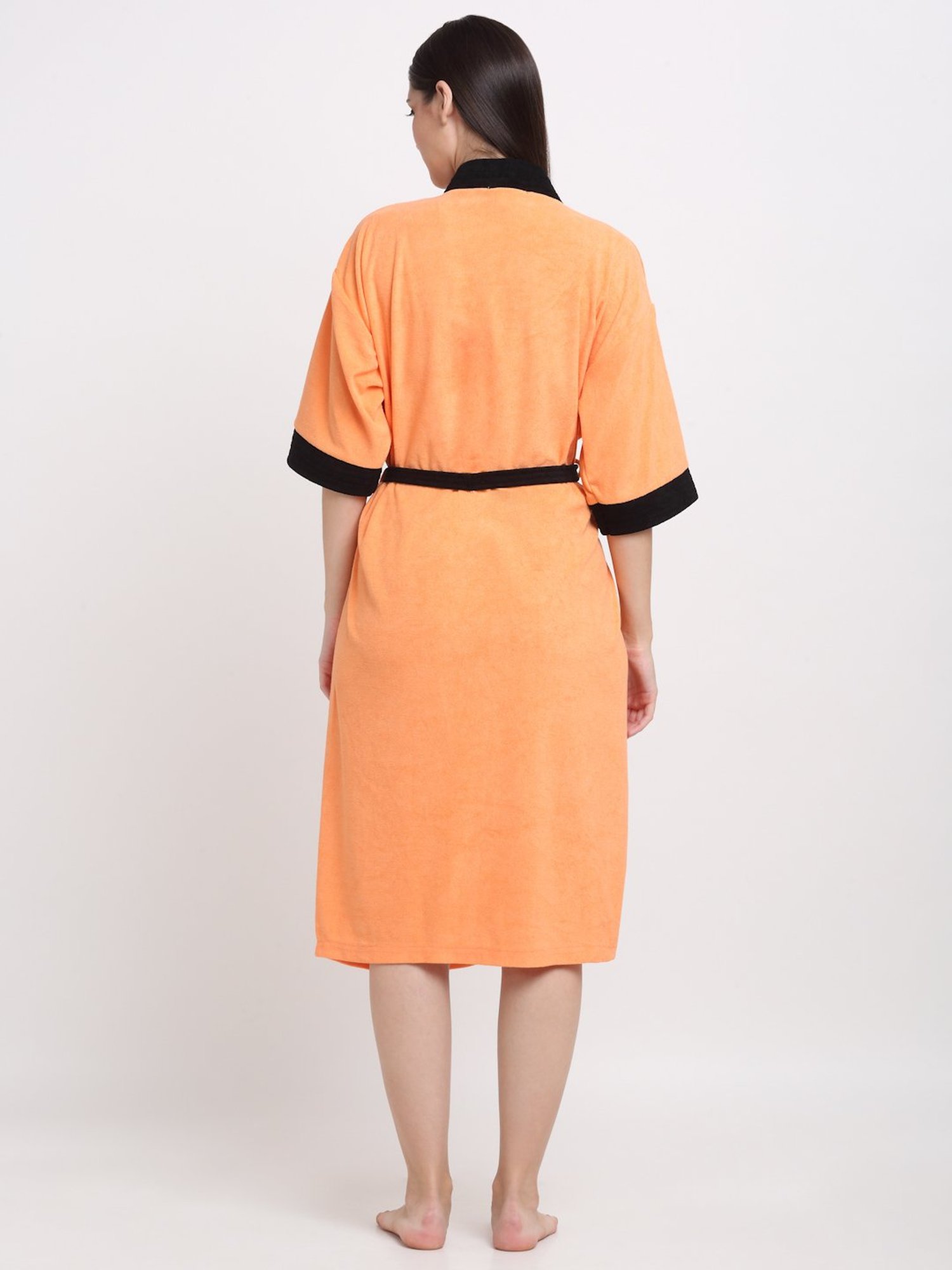 Creeva Everyday Orange & Black 225 GSM Micro Terry Bathrobe with Front Pocket & Kimono Collar