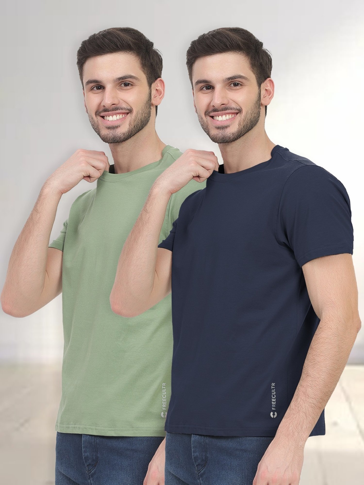 Freecultr Galaxy Blue & Moss Green Cotton Regular Fit T-Shirt - Pack Of 2