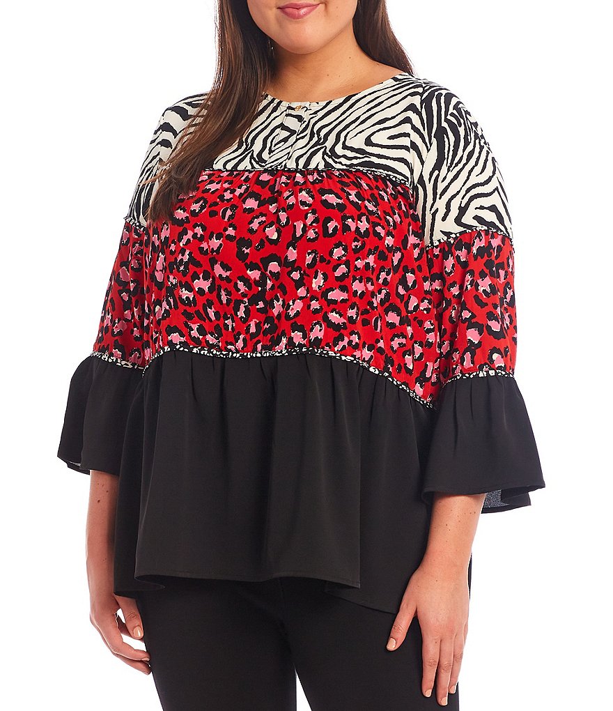 Calessa Plus Size Round Neck Tiered Patchwork Animal Print 3/4 Bell Sleeve Tunic