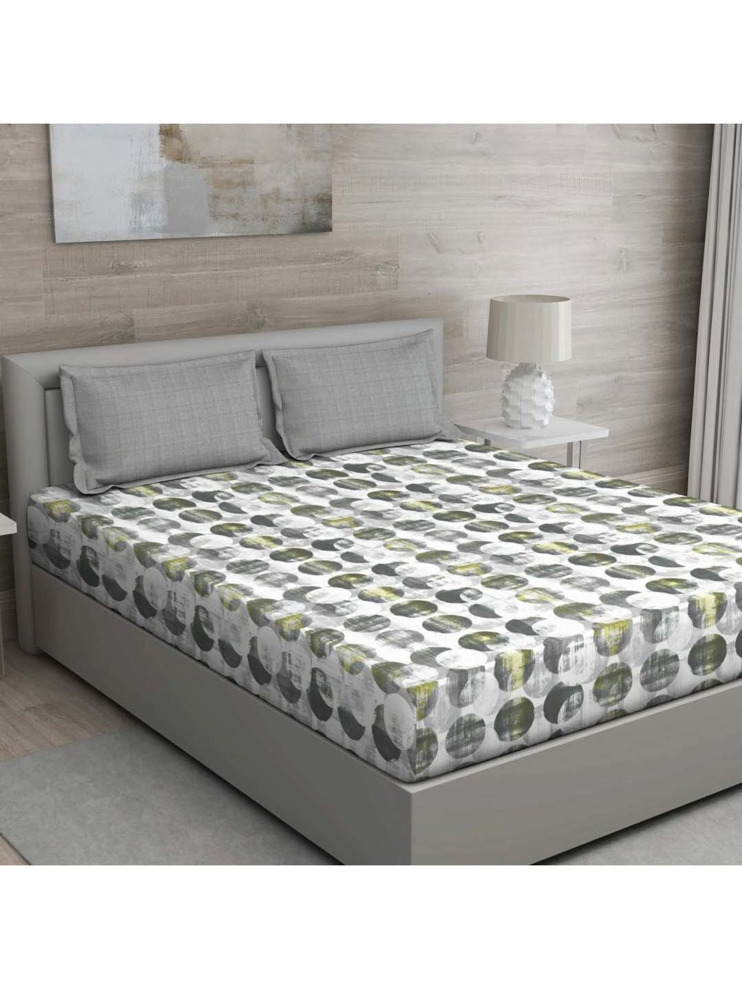 GM 'Regal' Grey & Yellow Cotton 144 TC Double Bedsheet with 2 Pillow Covers