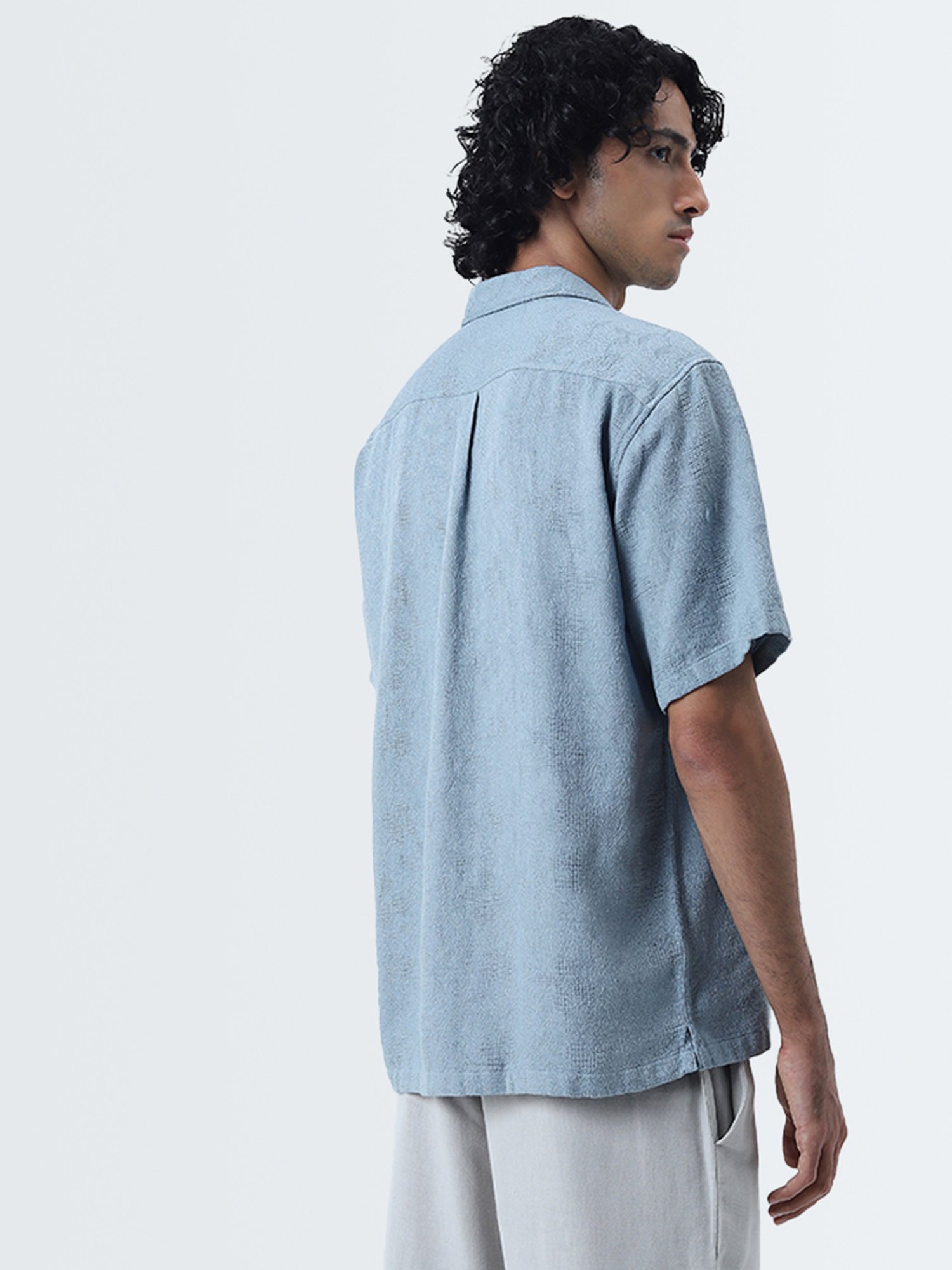 ETA by Westside Dusty Blue Textured Relaxed-Fit Cotton Shirt
