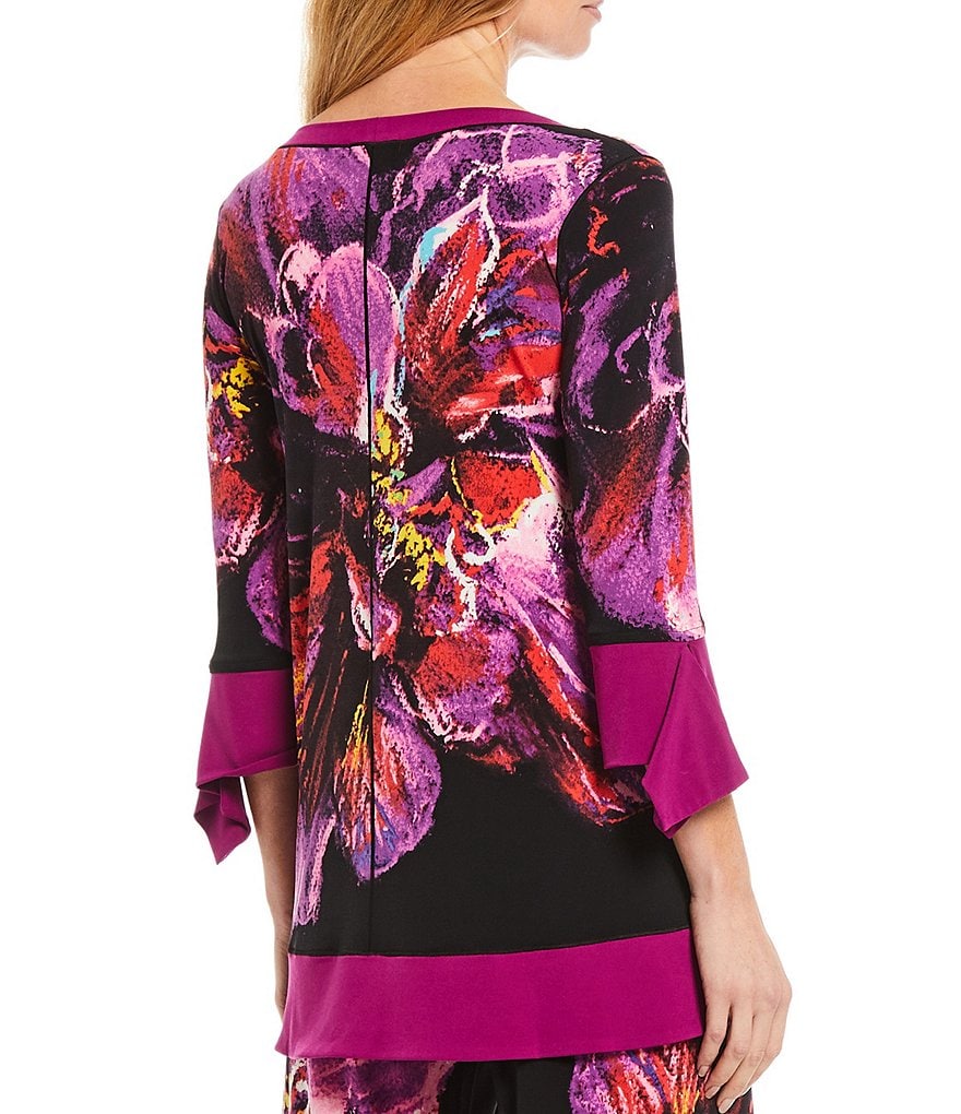 Eva Varro Floral Placement Print Contrast Trim Crew Neck 3/4 Flutter Sleeve Hi-Low Coordinating Tunic