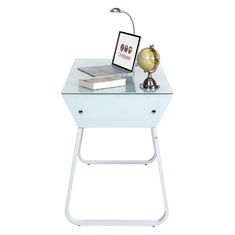 Ultramodern Glass Computer Desk with Drawers Steel Frame White - OneSpace