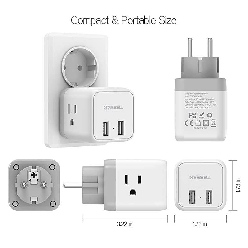 Schuko European Travel Plug Adapter  France Germany Power Adapter with 2 USB 3 American Outlets Type EF Plug Adapter for US to Europe German Frence Iceland Spain Russia Poland EU