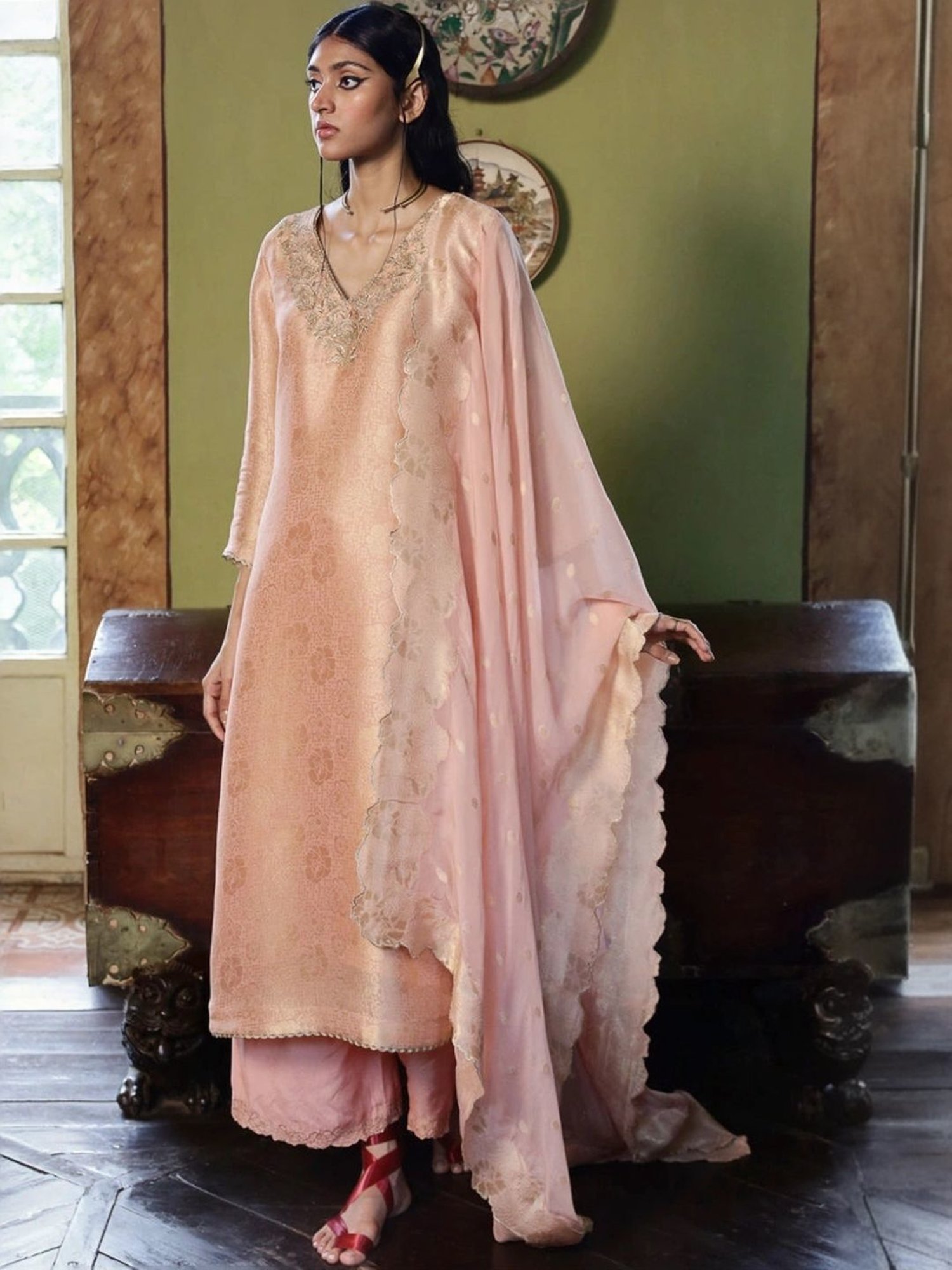 Ganga Fashions Apricot Blush Woven Kurta with Salwar and Dupatta