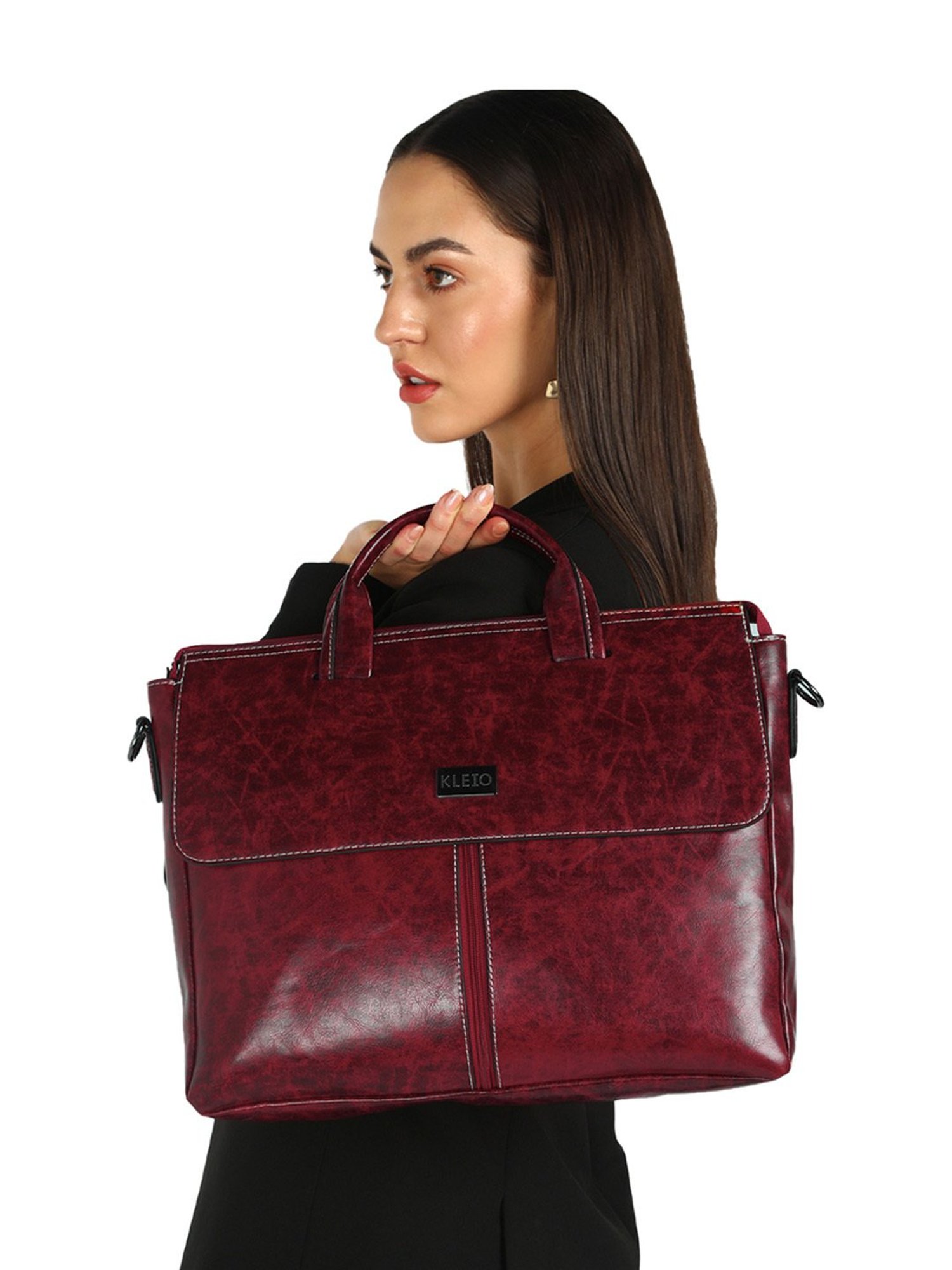KLEIO Marble Textured Maroon Medium Leather Laptop Handbag