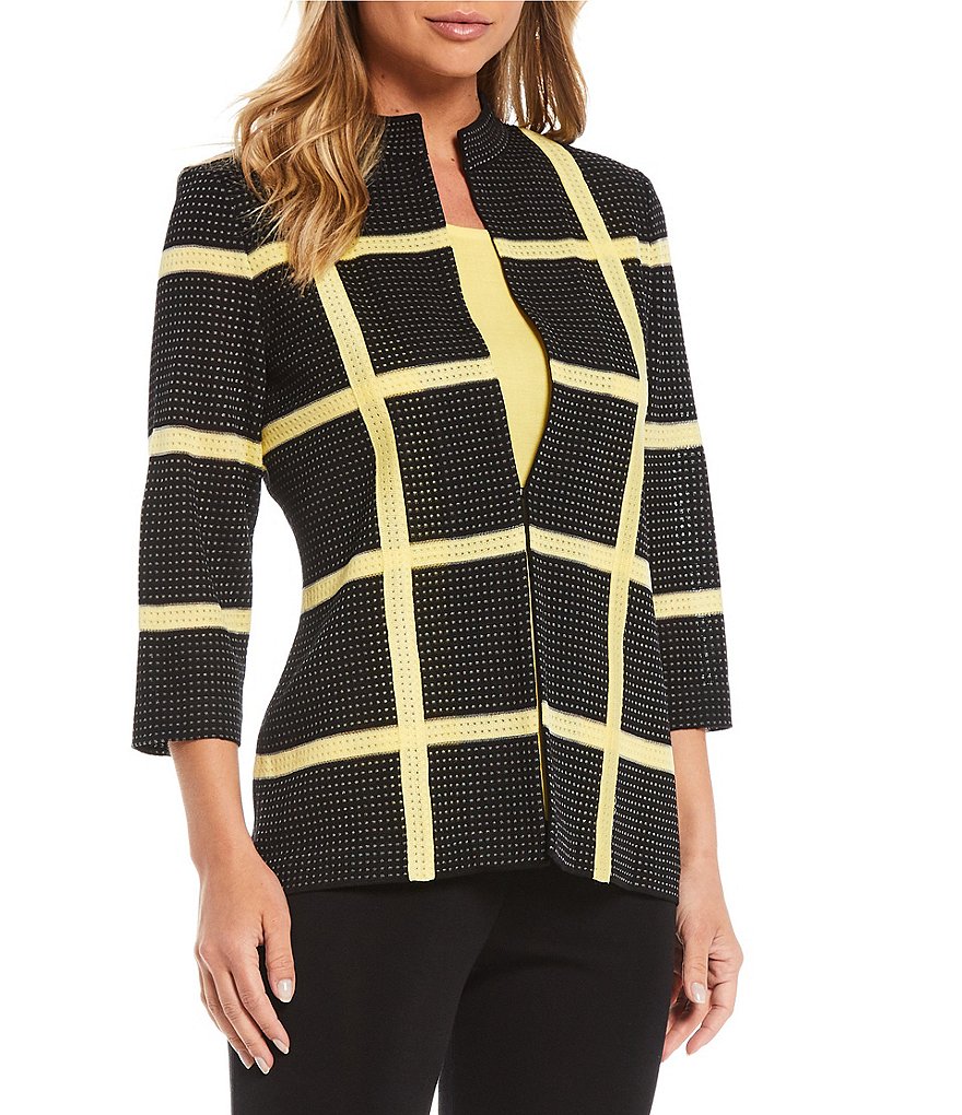 Misook 3/4 Sleeve Wide Plaid Funnel Neck Jacket