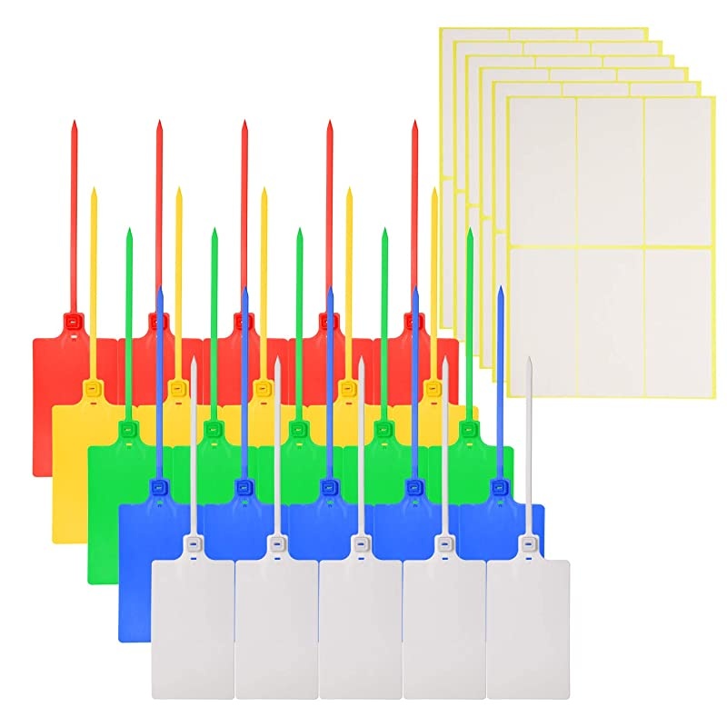 25Pcs Large Plastic Label Tags Multi-Color Self Locking Nylon Writable Marker Ties Luggage Identification Tags Cable Cord Organizing Consignment Tags with 30Pcs Sticky Label,5 Color