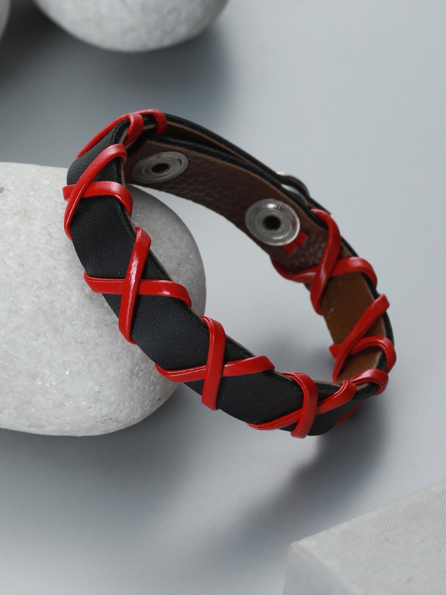 Bold by Priyaasi Black Red Cross PU Wraparound Bracelet for Men