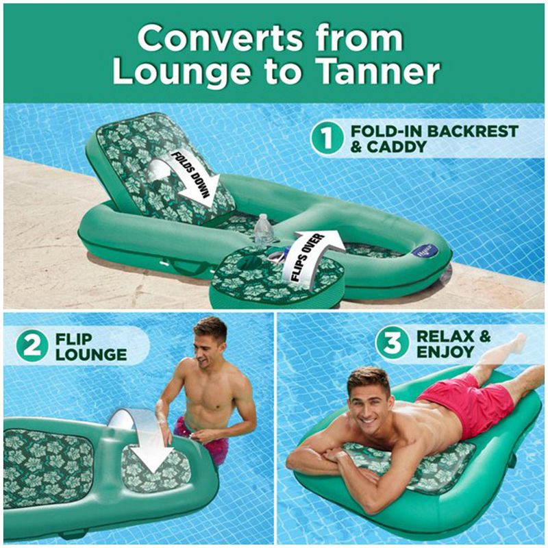 Aqua Leisure Campania 2 in 1 Convertible Lounger Recliner and Luxurious Inflatable Pool Float w/ Beverage Caddy in Multi Floral Print (Teal) (2 Pack)