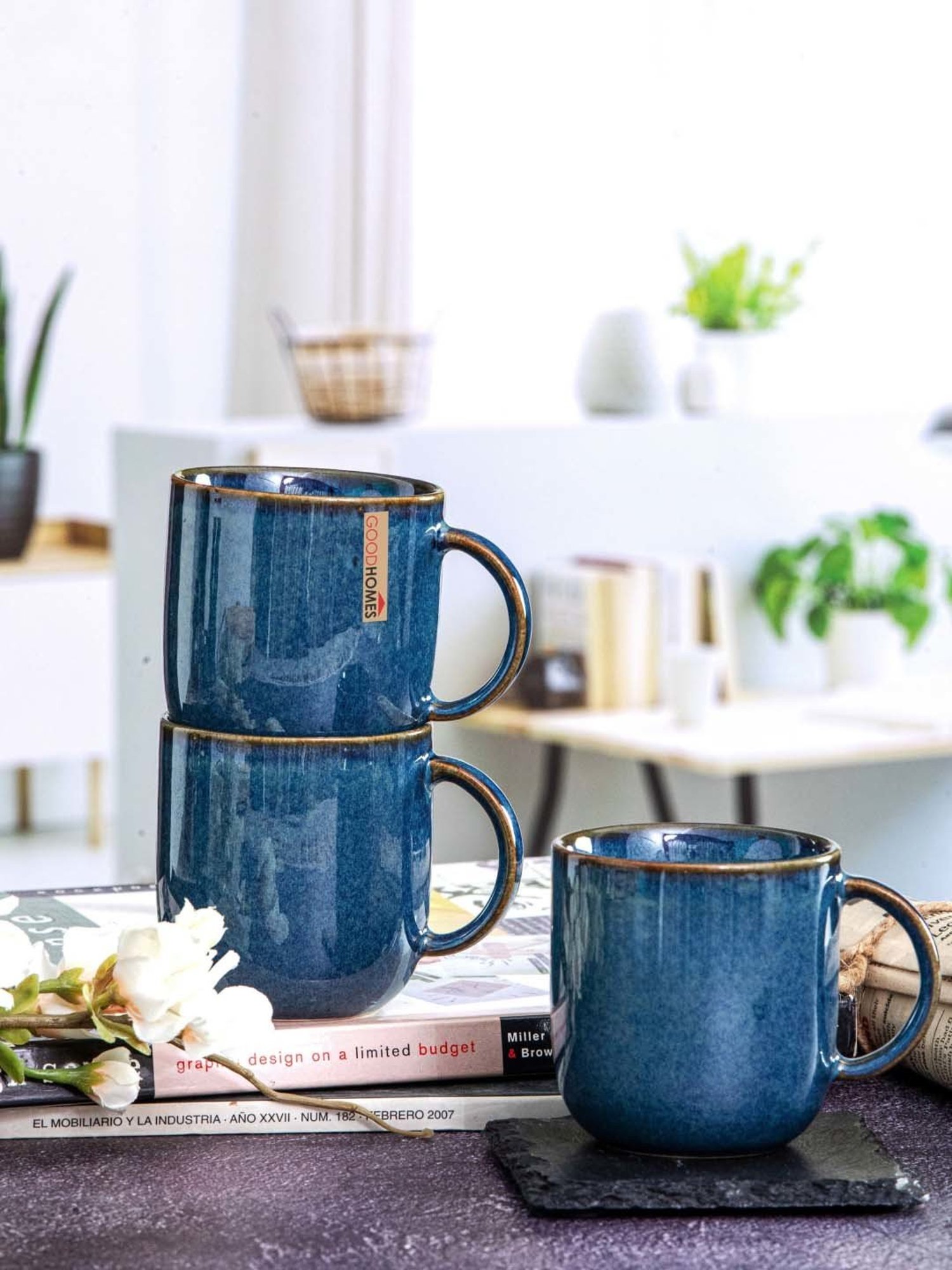 Goodhomes Blue Stoneware Coffee Mugs (0.2 L) - Set of 6
