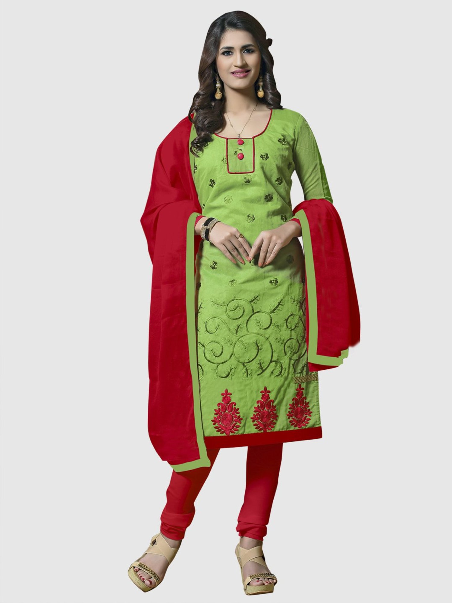 APNISHA Green & Red Embroidered Unstitched Dress Material