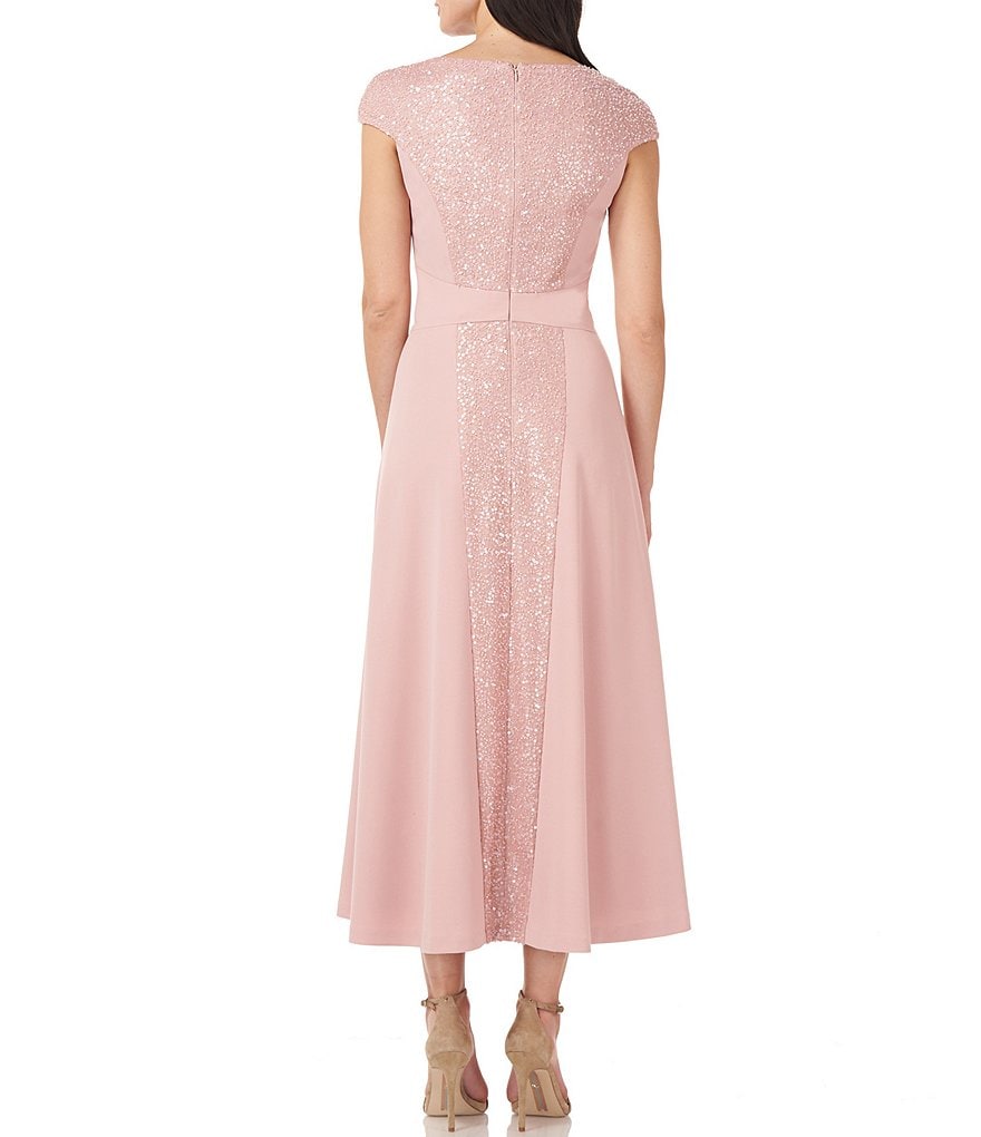 JS Collections Jewel Neck Cap Sleeve Sequined Stretch Crepe Dress