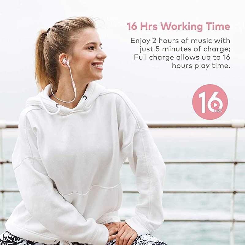 Wireless Headphones Bluetooth V50 IPX7 Waterproof 16 Hours Playtime Bluetooth Headphones with Magnetic Connection Sports Earbuds for Running Builtin Mic Pink BTBH001