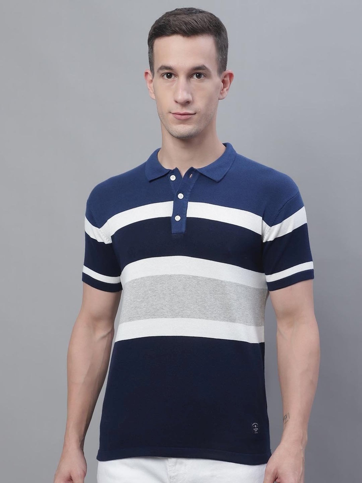 Cantabil Blue Cotton Regular Fit Striped Polo T-Shirt