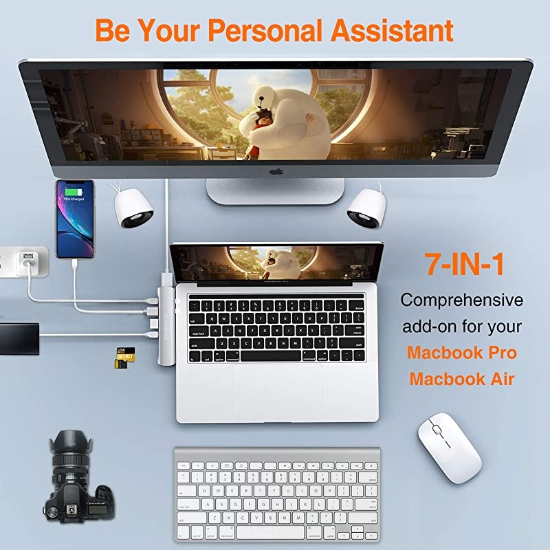 USB C Hub 7 in 1 USB C Adapter with 5K60Hz USBC 30 Port 4K HDMI Port 2 USB 30 Ports SDTF Card Reader 87W PD Charging Port for MacBook Pro and MacBook Air 20182019 2020Silver