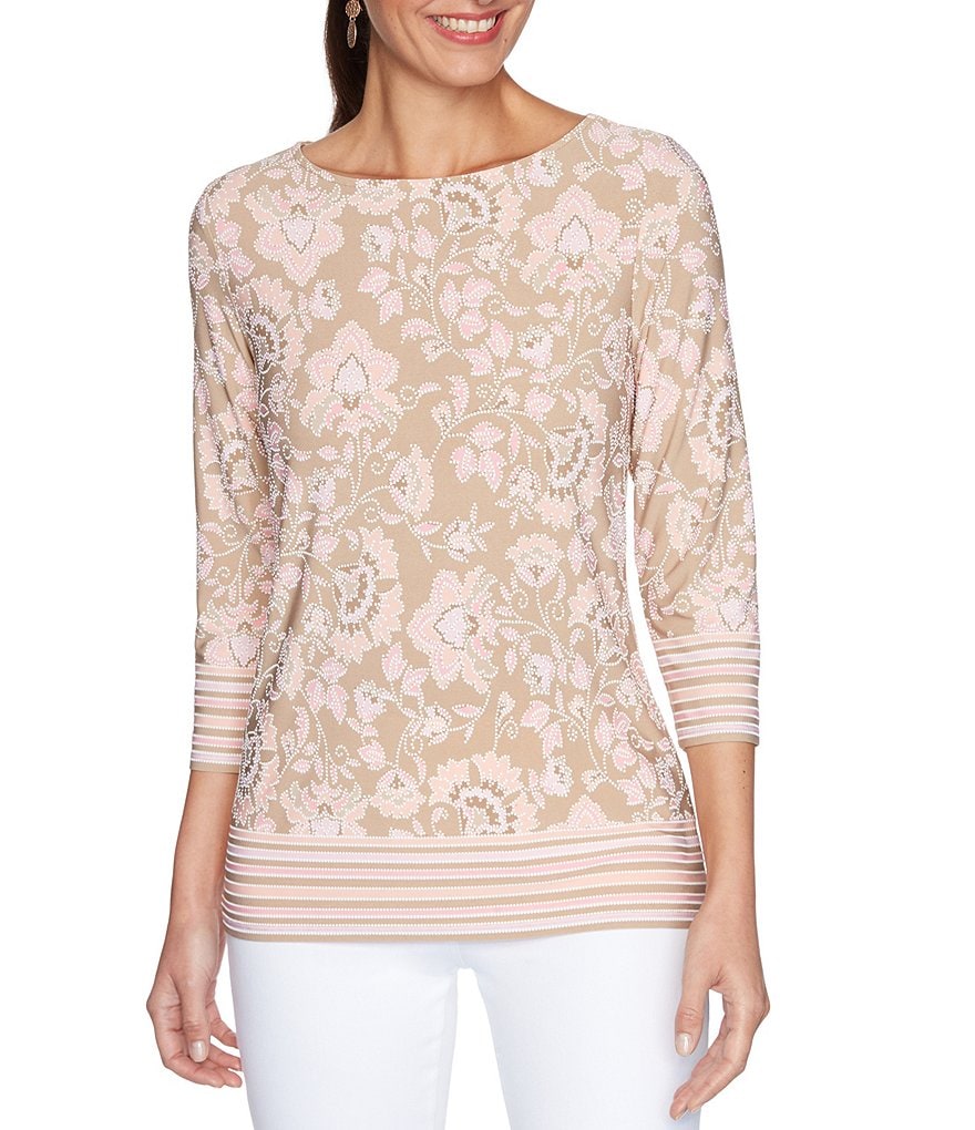 Ruby Rd. Floral Puff Border Print Boat Neck 3/4 Sleeve Top