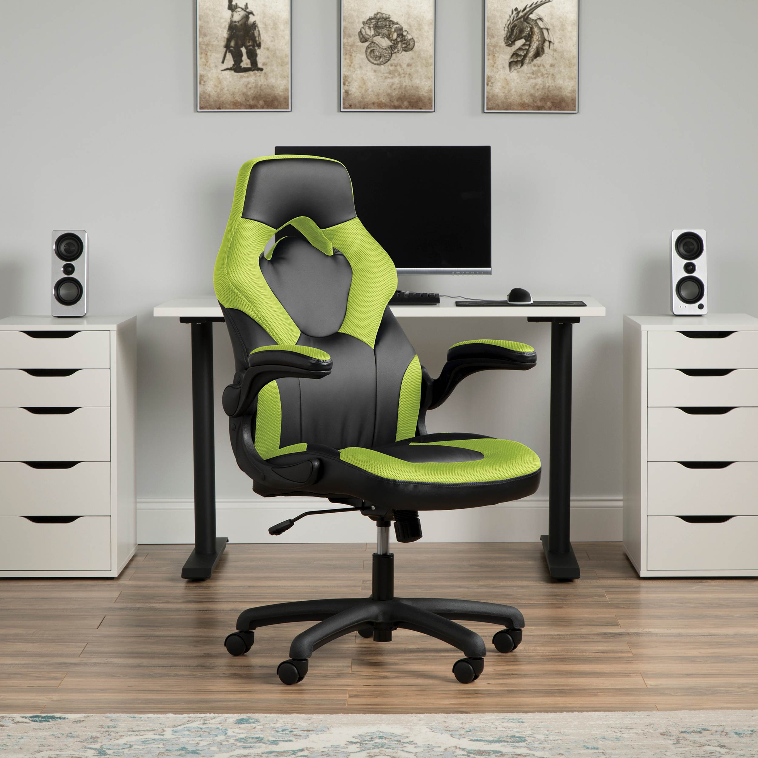 OFM Essentials Collection Racing Style Bonded Leather Gaming Chair, in Green (ESS-3085-GRN)