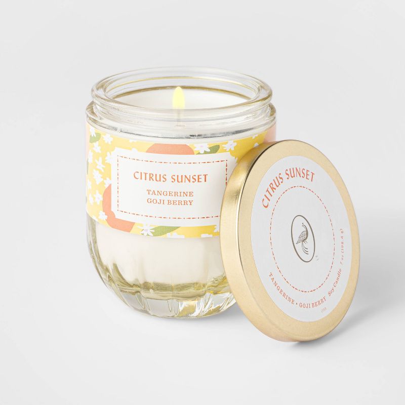 7oz Lidded Yellow Ribbed Base Glass Jar Citrus Sunset Candle - Opalhouse™