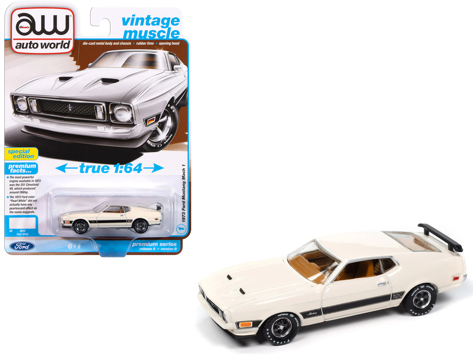 1973 Ford Mustang Mach 1 Pearl White with Black Stripes "Vintage Muscle" Series 1/64 Diecast Model Car by Auto World
