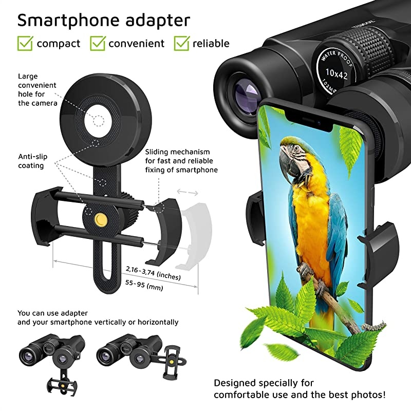 ZoomX Binoculars for Adults 10x42 Waterproof Lightweight Compact Binocular Prism BAK4 FMC Lens HD Binoculars for Bird Watching Hunting Traveling with Smartphone Adapter Carrying Bag Black