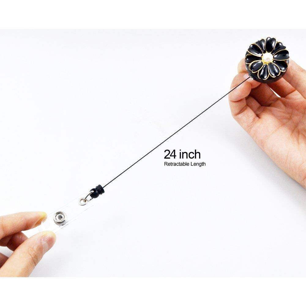 Qinsuee 6 Pack Camellia Badge Holder with Pearl, Retractable ID/Name Badge Reel, Swivel Alligator Clip (3Black&3White)