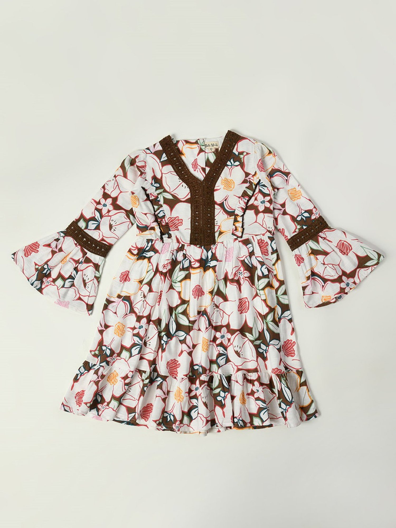 Bella Moda Kids White & Brown Floral Print Fit & Flare Dress