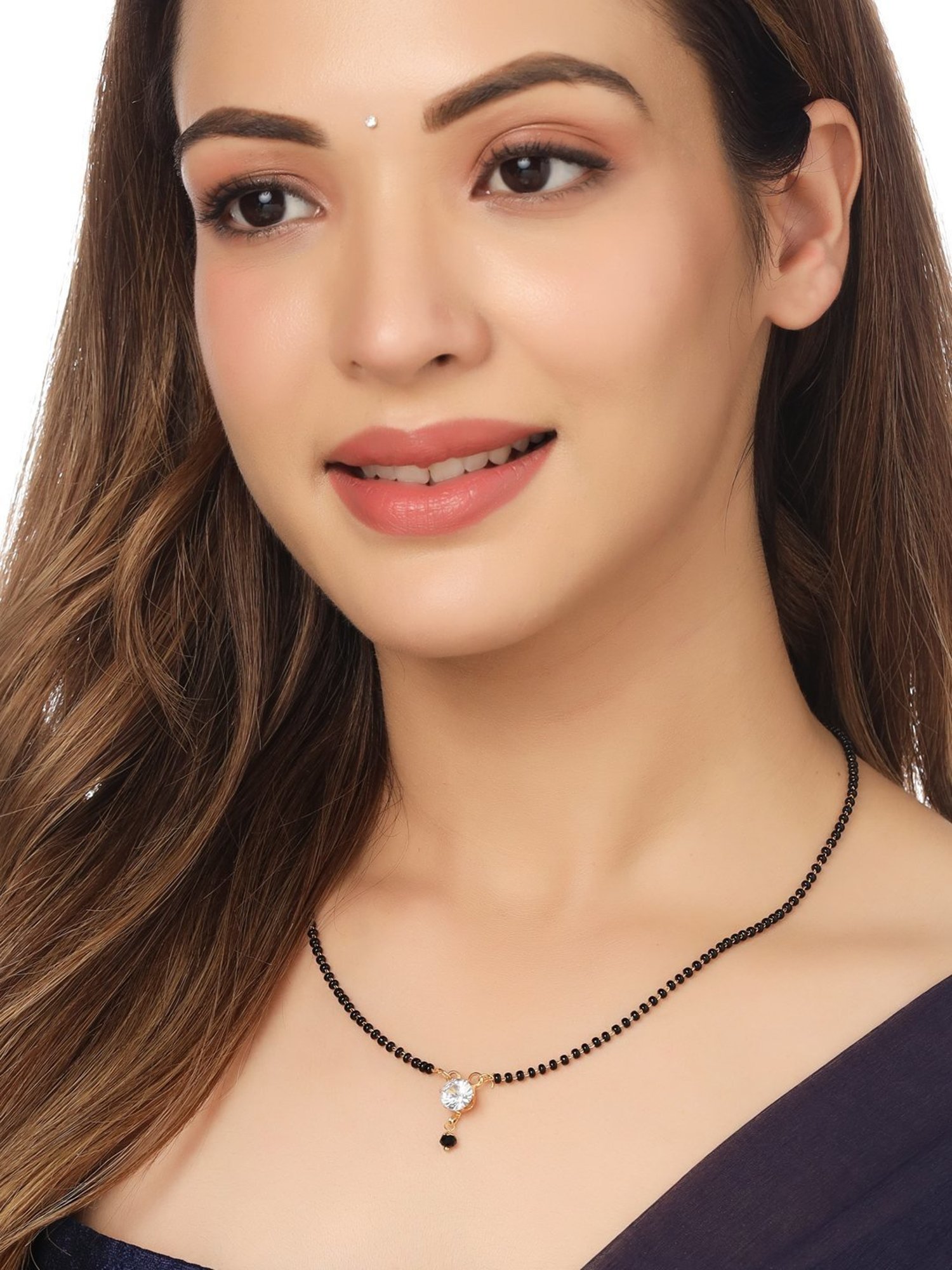 Abdesigns Gold-Plated American Diamond & Black Beaded Mangalsutra
