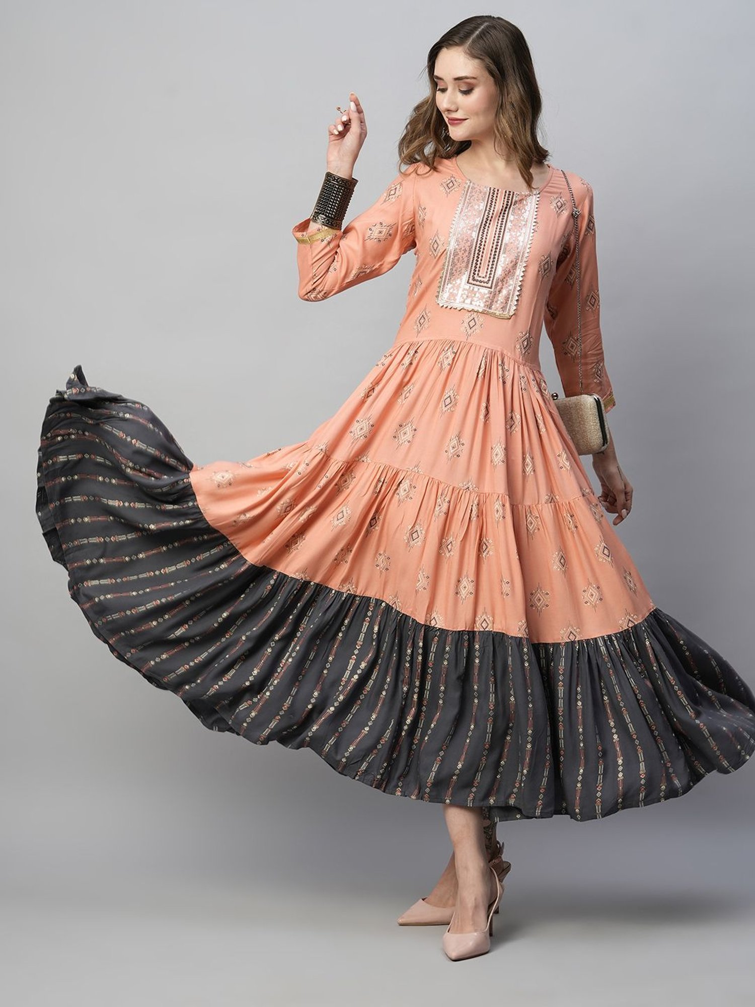 KIANA Peach Printed Maxi Dress
