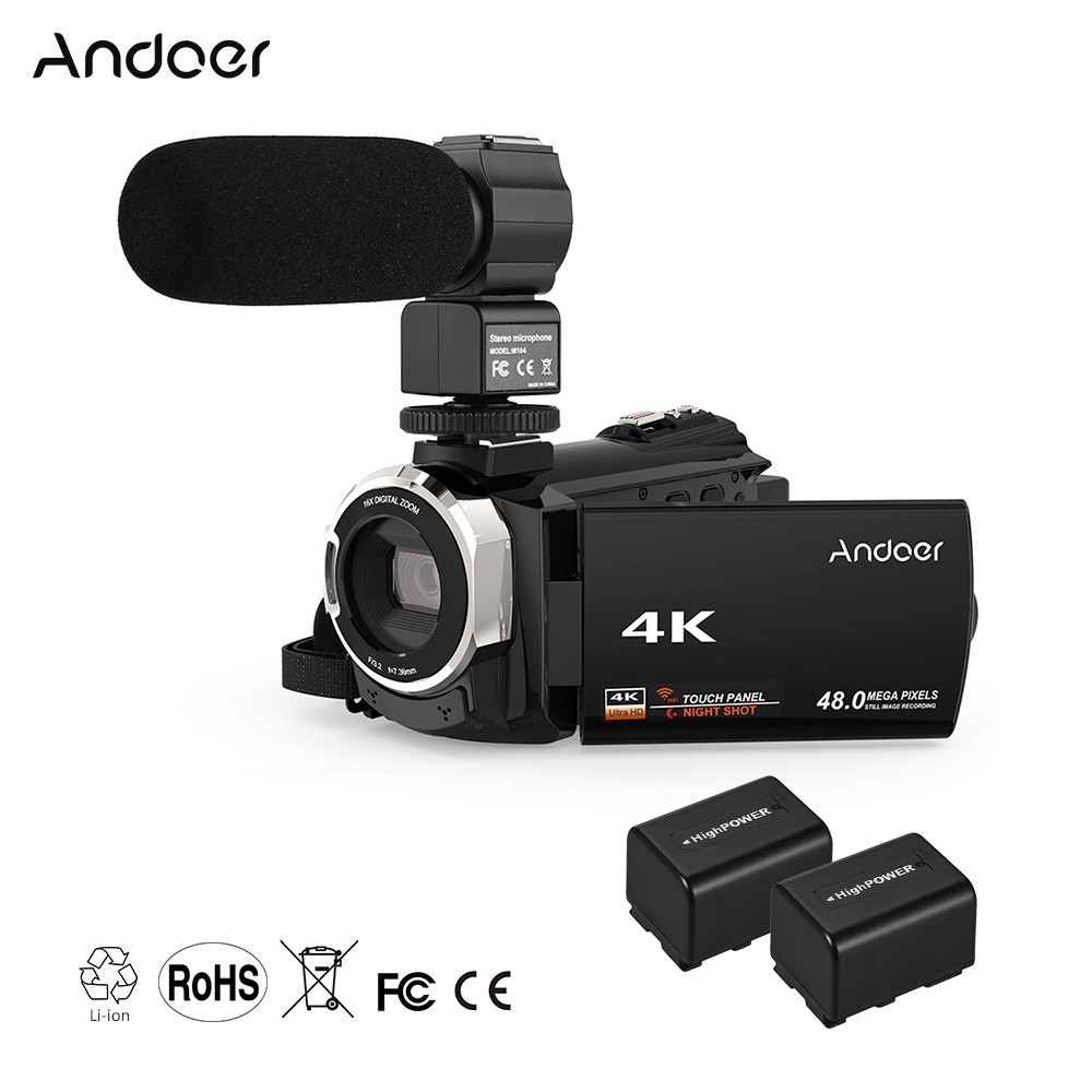Andoer 4K 1080P 48MP WiFi Digital Video Camera Camcorder Recorder with 2pcs Rechargeable Batteries + External Microphone Novatek 96660 Chip 3inch Capacitive Touchscreen IR Infrared Night Sight