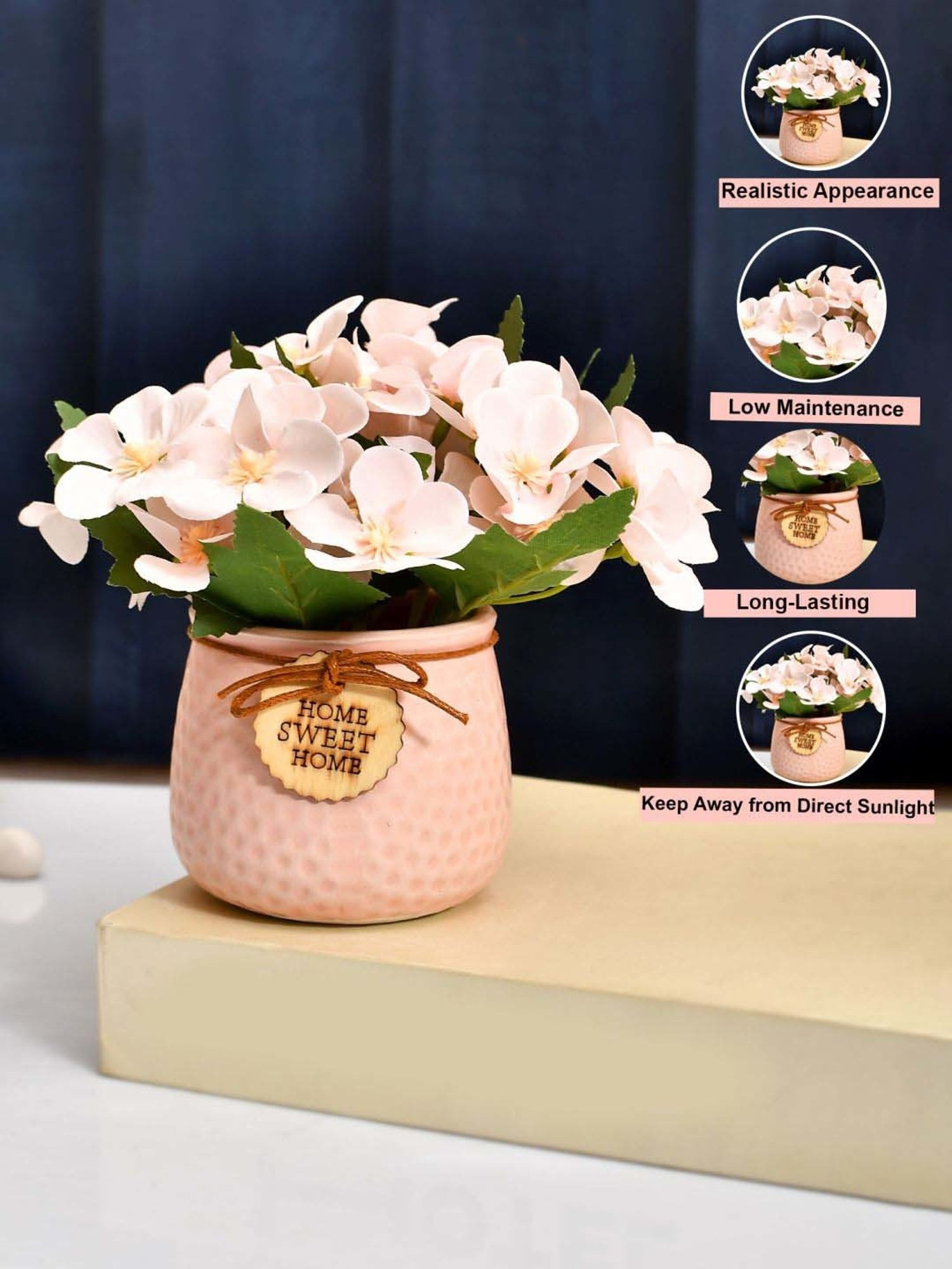 Tayhaa Pink & White Ceramic Artificial Flowers Bunch With Pot