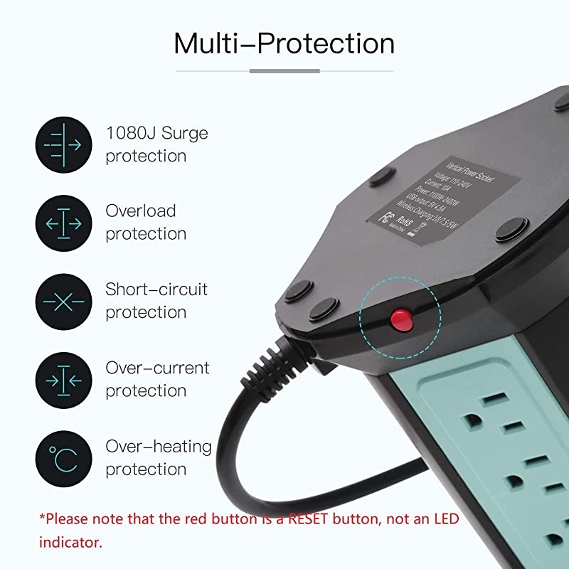 10ft Power Strip Tower Wireless Charger Surge Protector Extension Cord 10A 9-Outlet 4 USB 4.5A Fast Speed Charging Electrical Station Universal Socket for Laptop Phone Black and Blue