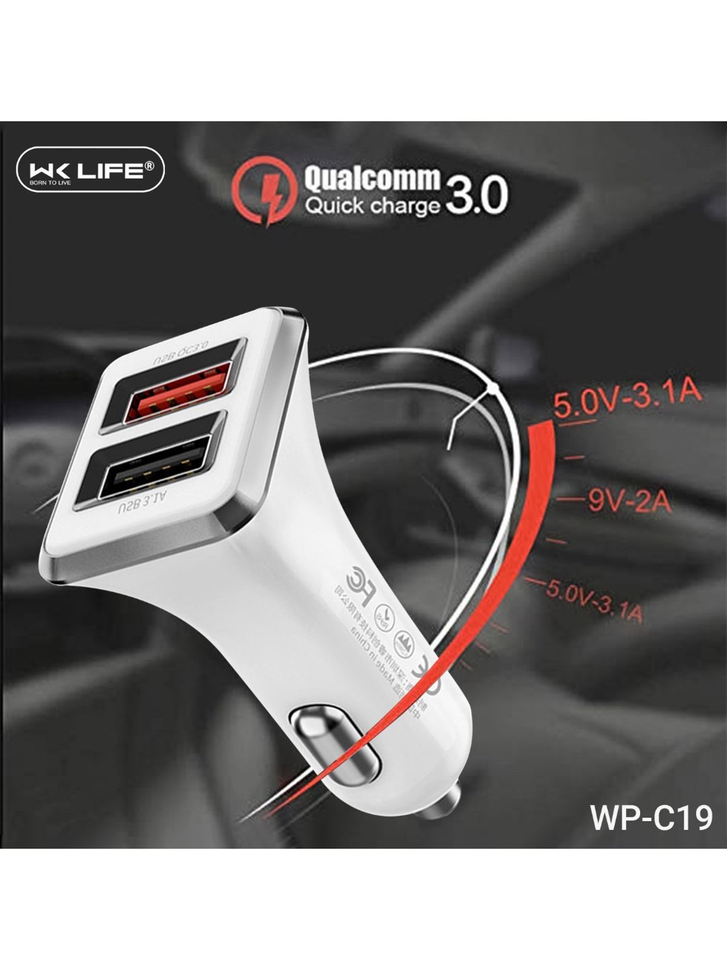 Wk Life WP C19 USB Car Charger for Apple & Android Devices (White)