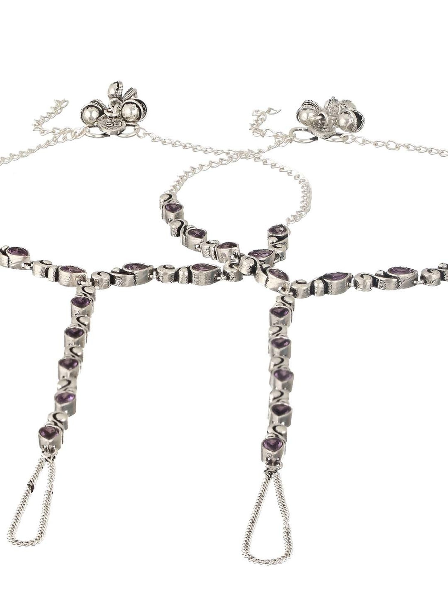 Saraf RS Jewellery Silver Oxidized Stone Studded Foot Harnass Payal/Anklets - Set of 2