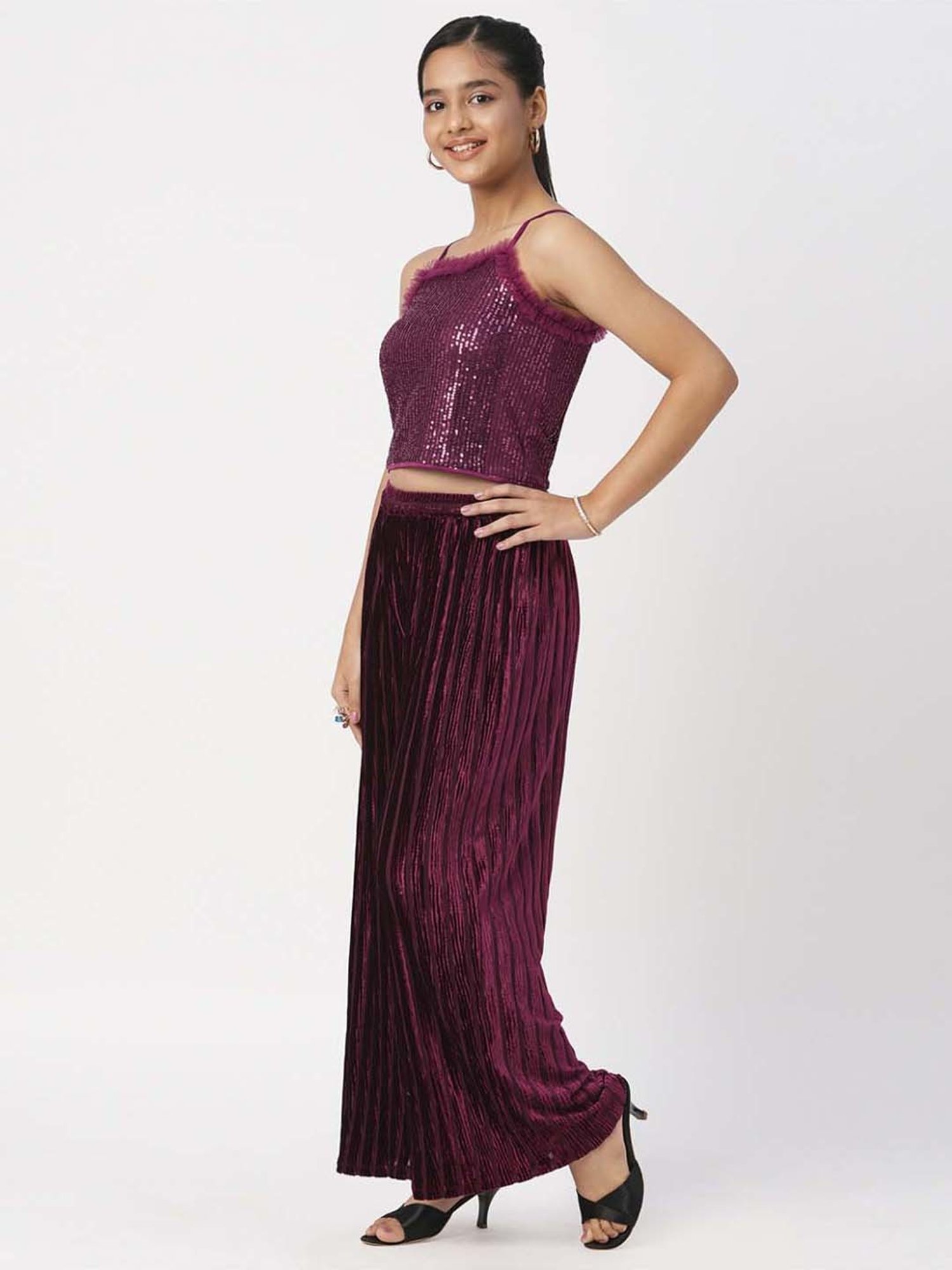 Lil Drama Kids Maroon Embellished Top Set