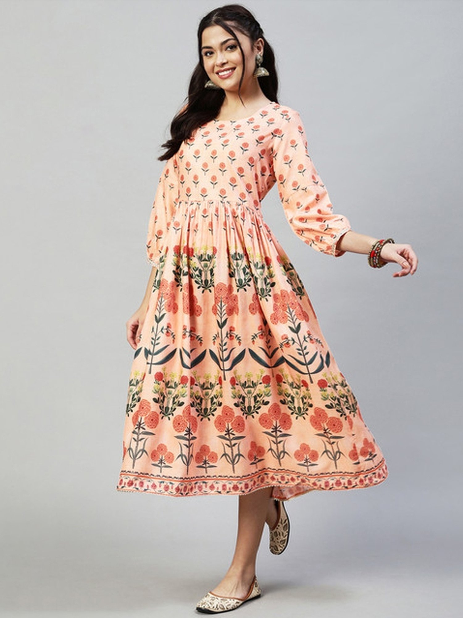 Skylee Peach Floral Print A-Line Dress
