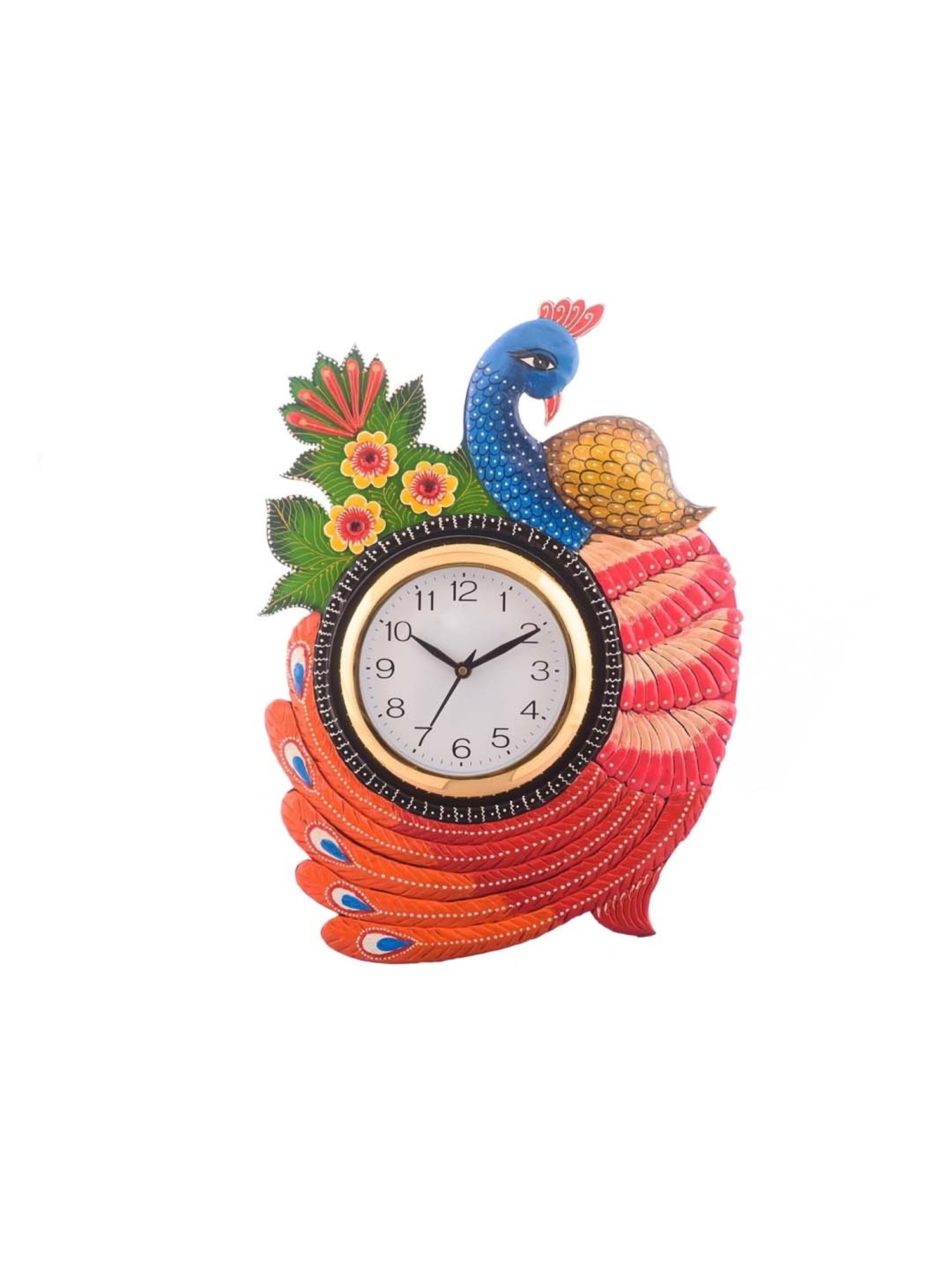 eCraftIndia Exotic and Stylish Colorful Peacock Wooden Handcrafted Wooden Wall Clock