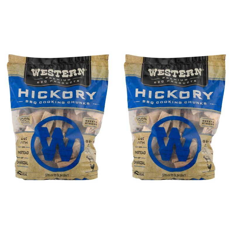 Western Premium BBQ 570 Cubic Inch Flavorful Heat Treated Hickory Barbecue Smoking Cooking Wood Chunks for Charcoal Gas and  Electric Grills (2 Pack)