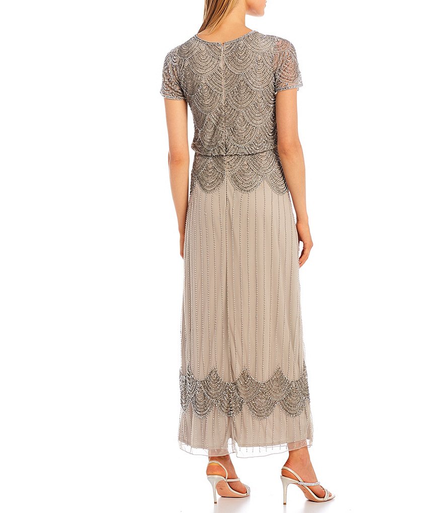 Pisarro Nights Scalloped Beaded Blouson V-Neck Short Sleeve Long Dress