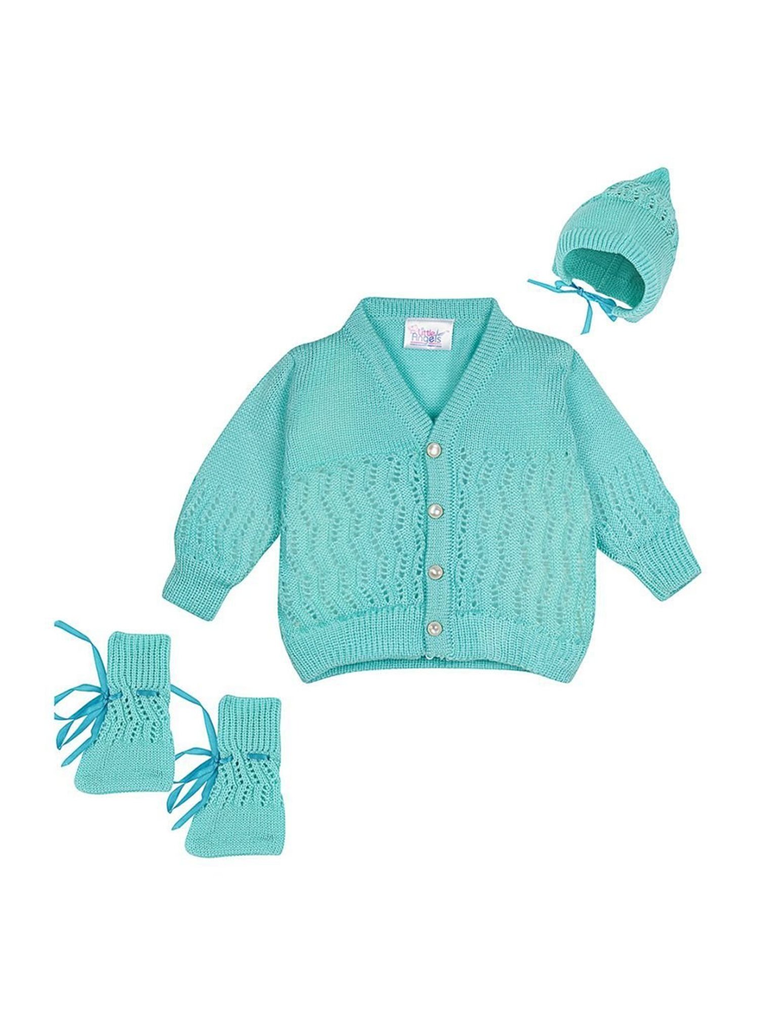 Little Angels Kids Green Textured Pattern Full Sleeves Sweater Set