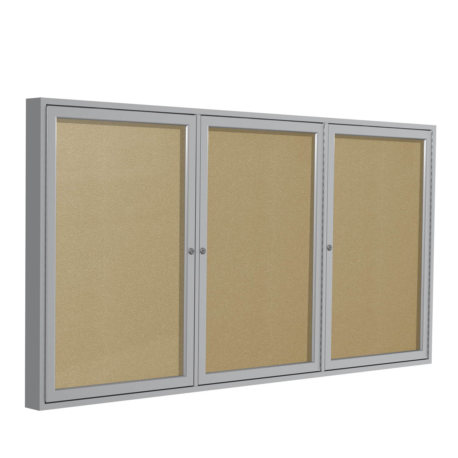 Ghent 3 Door Enclosed Vinyl Bulletin Board Satin Frame 4'H x 8'W Caramel