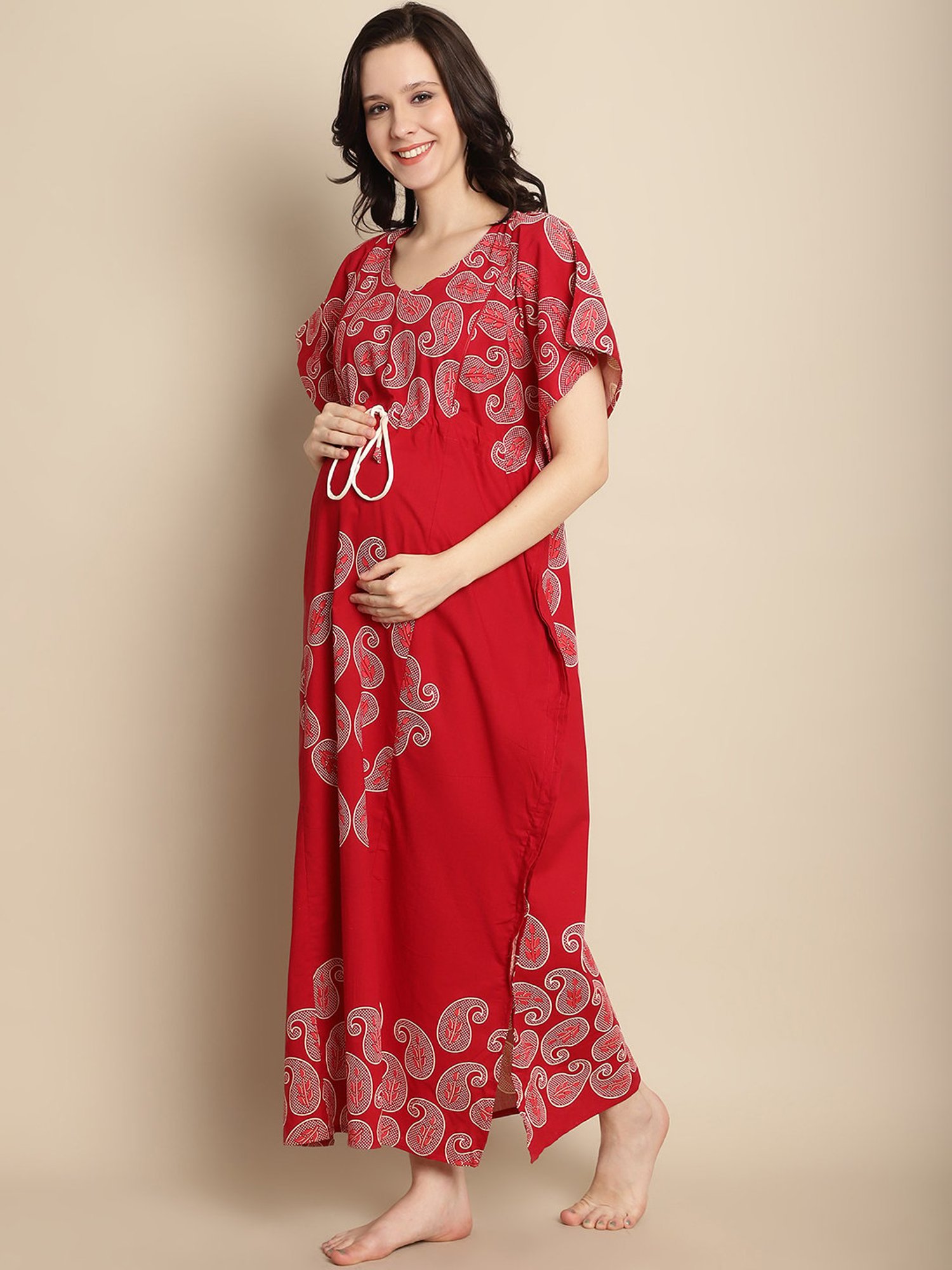 Secret Wish Red Printed Maternity Feeding Kaftan